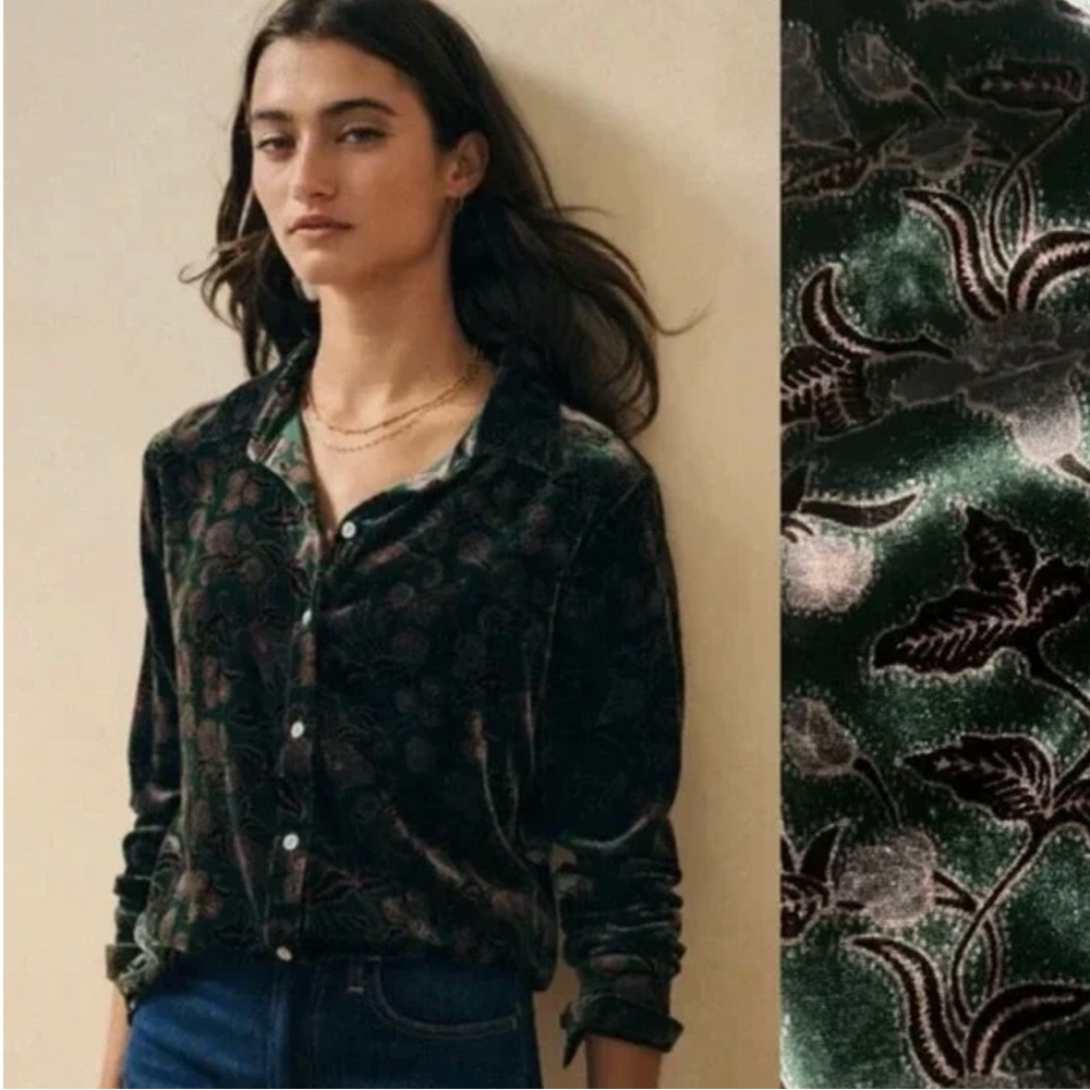 Faherty Silk Velvet Genevieve Button Up in a Pine Blossom green floral print